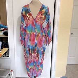 Beautifully colorful tropical bird feather print long swim cover-up or kimono